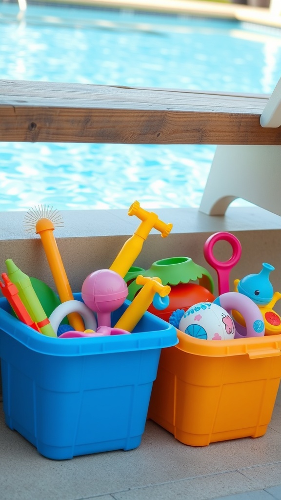 Colorful storage bins filled with pool toys under a wooden bench by the pool