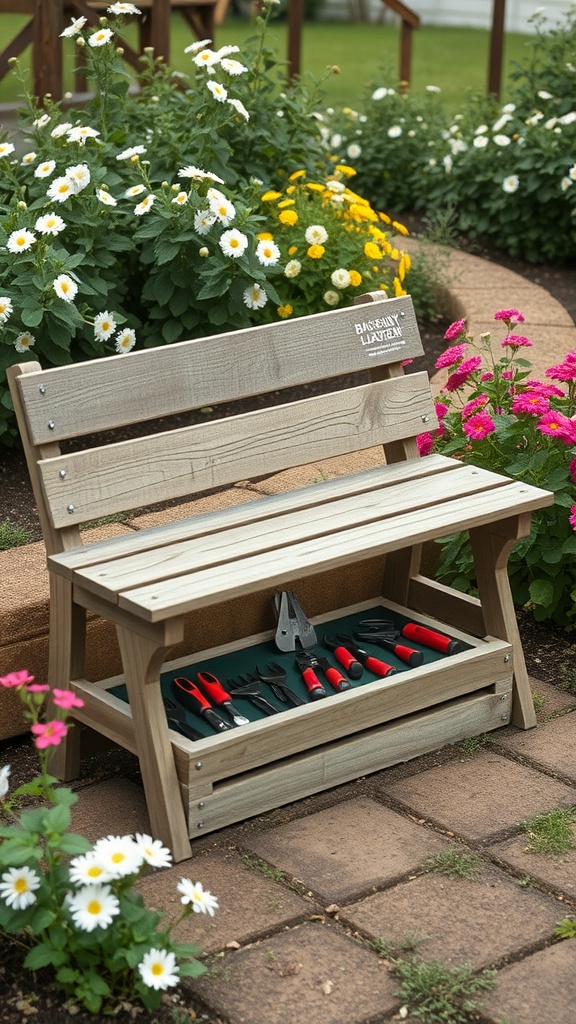 A wooden garden bench with tools stored underneath, surrounded by flowers.