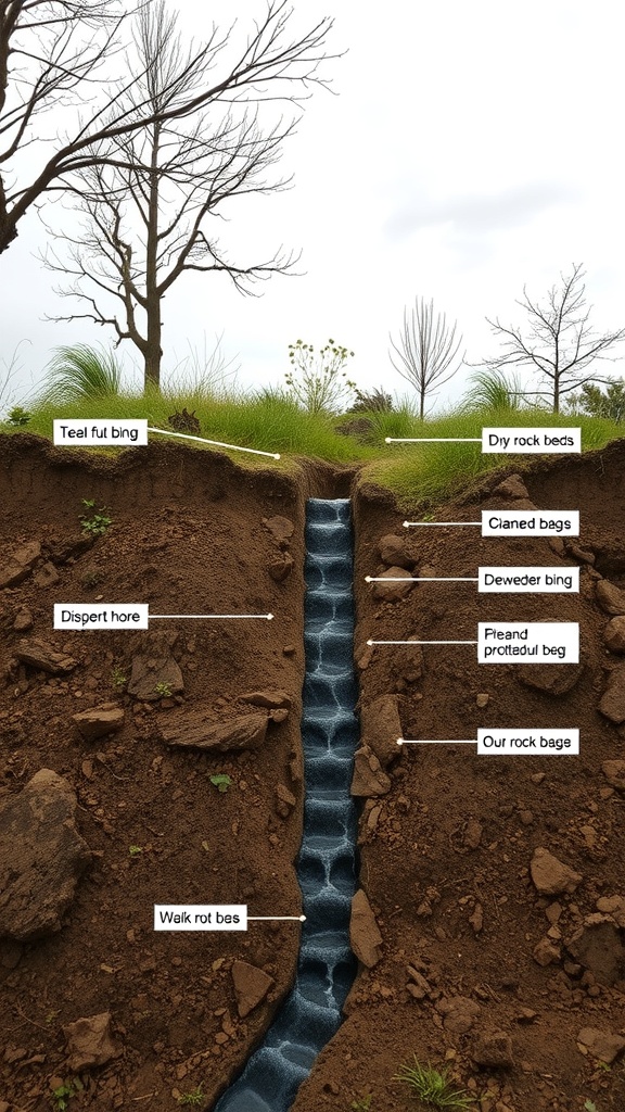 Image showing a dry rock bed for drainage with labeled components.