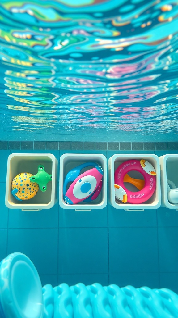 Underwater storage containers filled with colorful pool toys