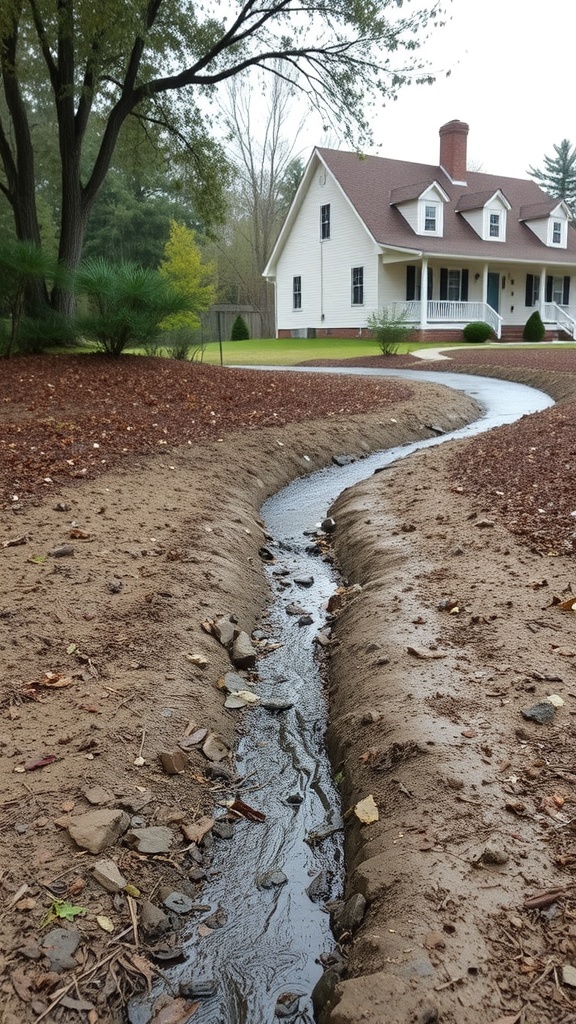 A dry creek bed in a landscaped yard, directing rainwater away from a house.