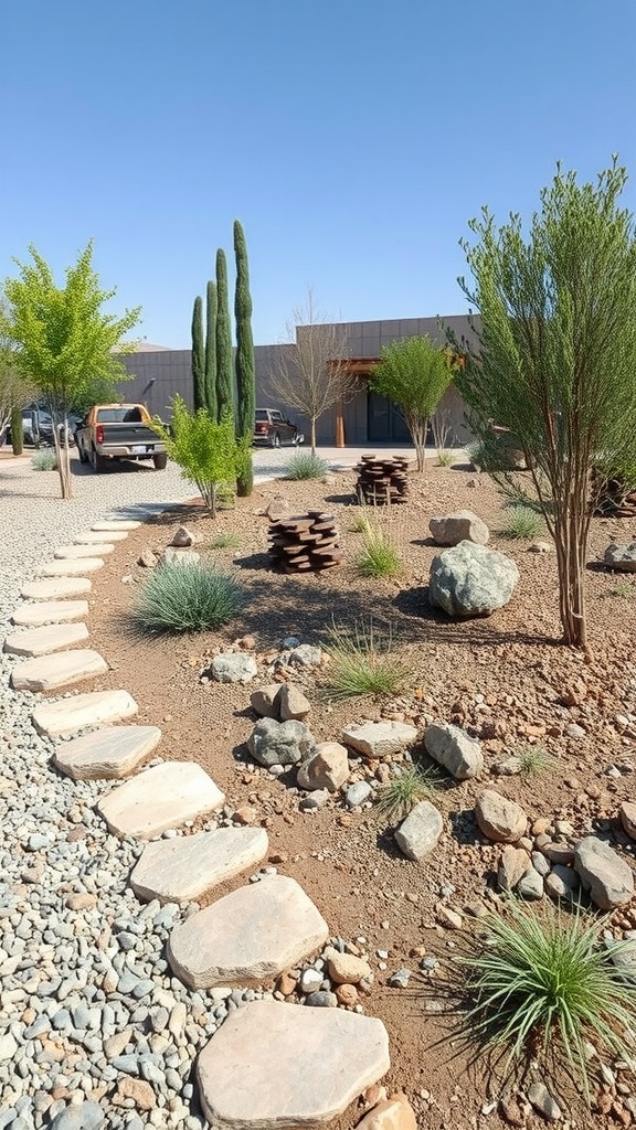 A dry rock bed with various plants and stones, designed for drainage in a sustainable landscape.