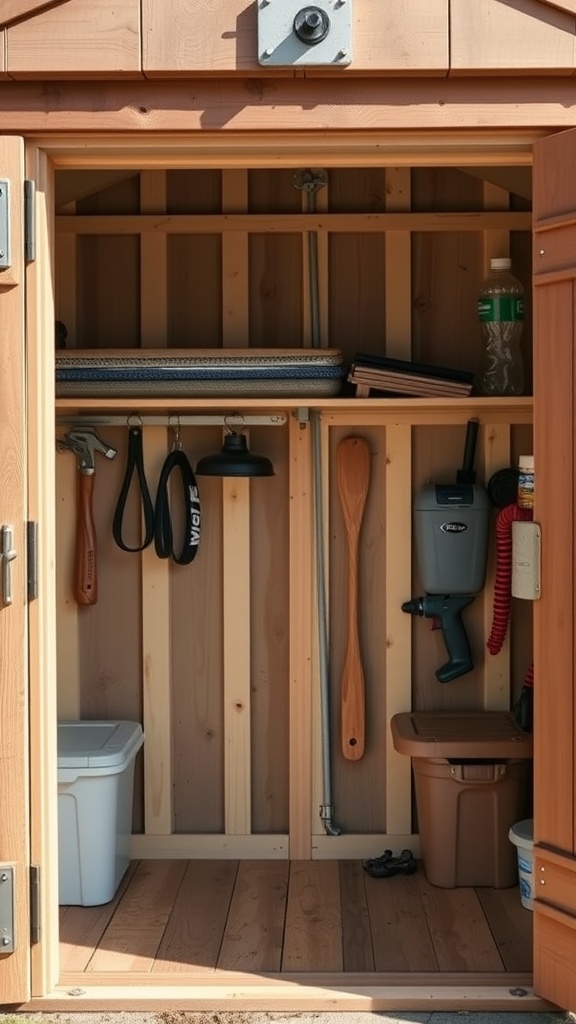 Interior of a well-organized shed showing tools and storage solutions on the door.