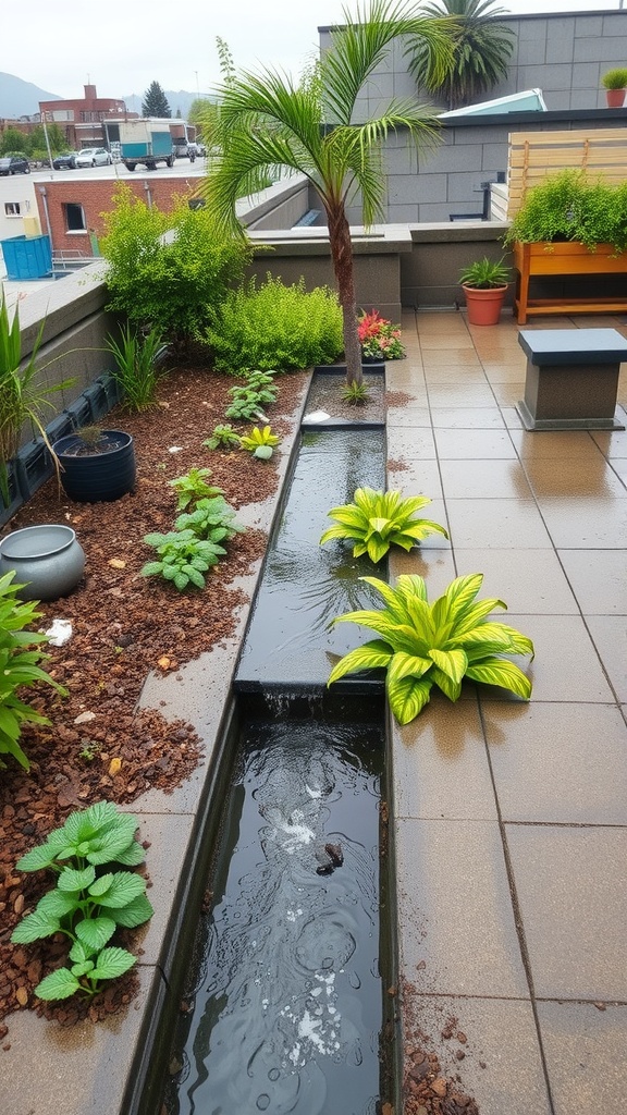 A rooftop garden with a drainage system featuring various plants and a water channel.
