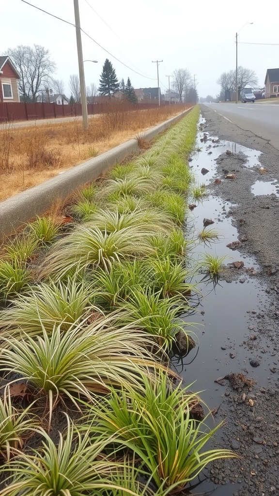 A vegetative filter strip along a road, featuring lush grass and plants with standing water nearby.