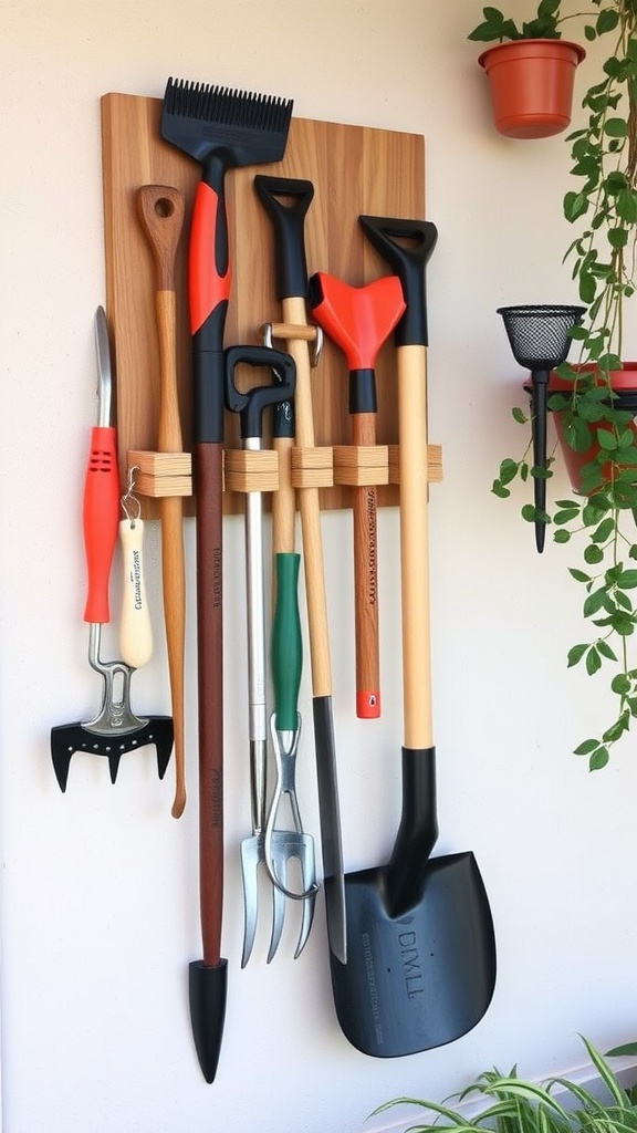 A vertical garden tool organizer with various gardening tools neatly arranged on a wooden board.