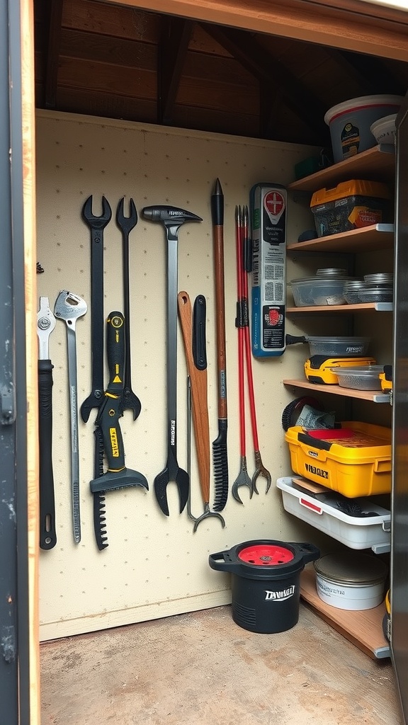 An organized shed interior featuring vertical tool storage on a pegboard and shelves with containers.
