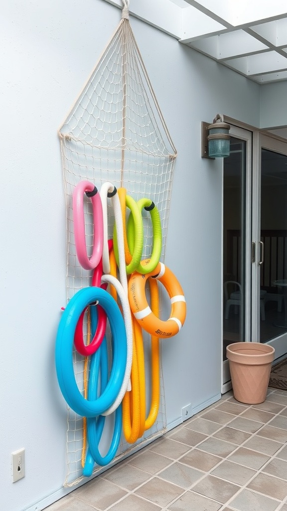 A wall-mounted net organizer holding colorful pool noodles