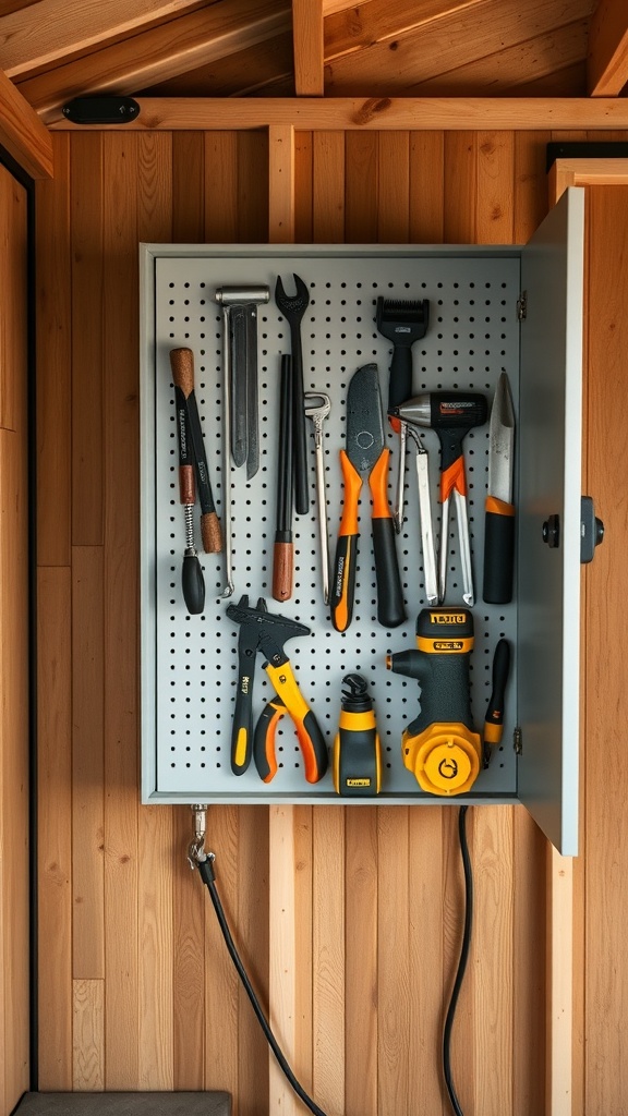 A wall-mounted tool cabinet with various gardening tools organized on a pegboard.