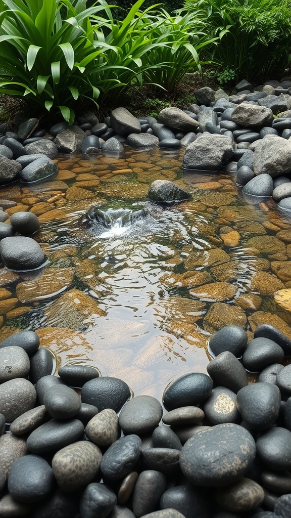 A tranquil water feature surrounded by smooth pebbles and lush green plants.