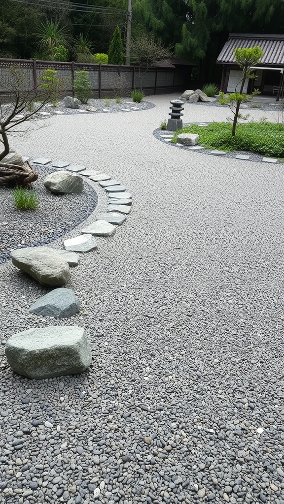 A Zen garden featuring gravel paths, rocks, and greenery.