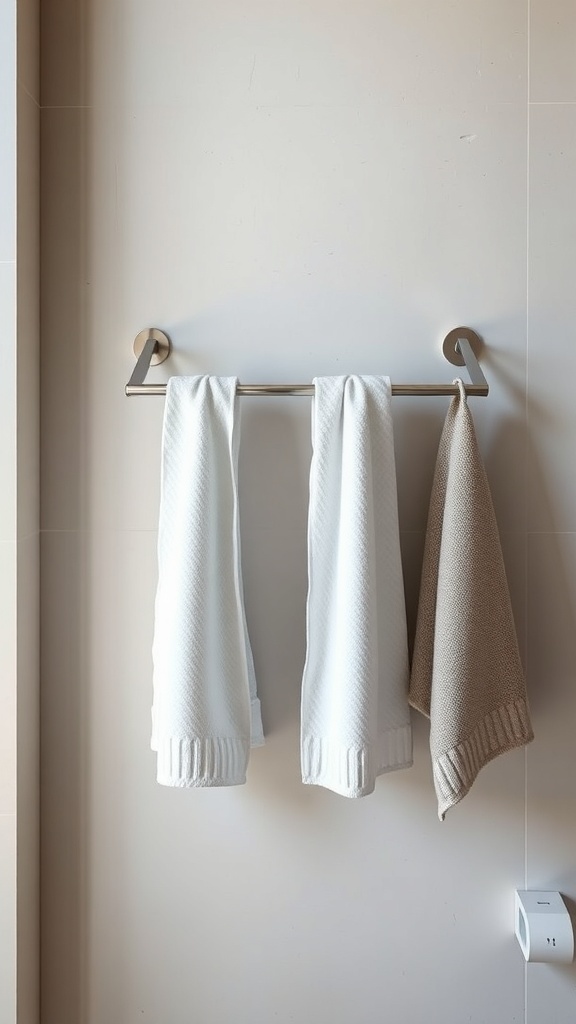 A modern towel rack with three towels hanging on it.