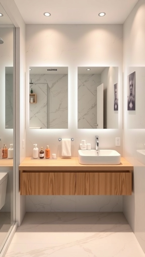 A modern bathroom featuring smart technology elements like a sleek mirror and stylish fixtures.