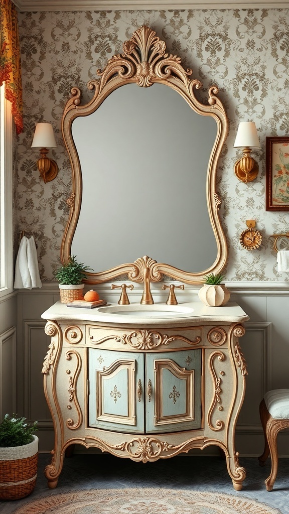 Vintage inspired bathroom vanity with ornate mirror and soft color palette
