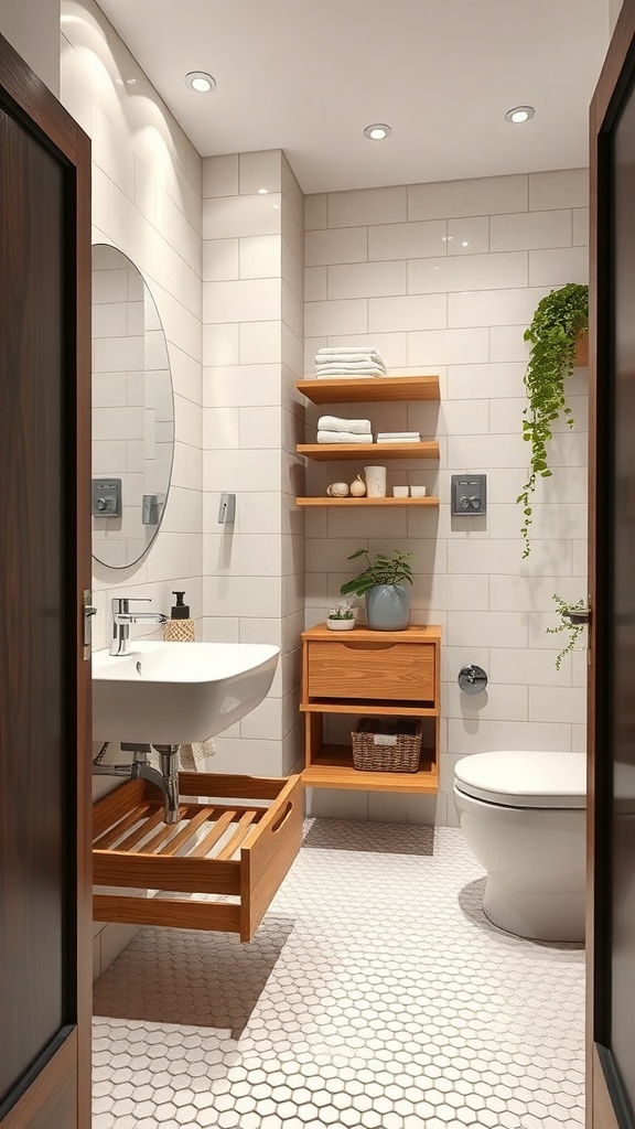 A small bathroom with smart storage solutions including floating shelves and a wooden drawer under the sink.