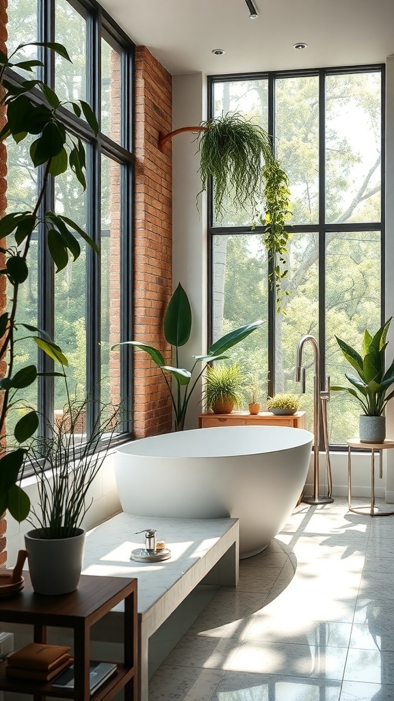 A modern bathroom with large windows, a sleek bathtub, and lush plants, creating an outdoor-inspired atmosphere.