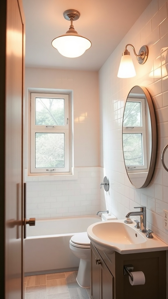 A small bathroom with modern lighting fixtures and a window