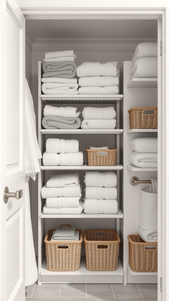 Organized bathroom closet with neatly stacked white towels and wicker baskets.