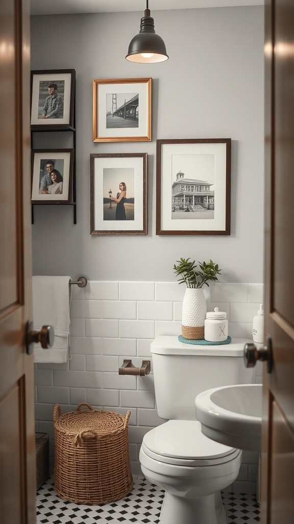 A small bathroom with framed photos, a decorative basket, and a potted plant.