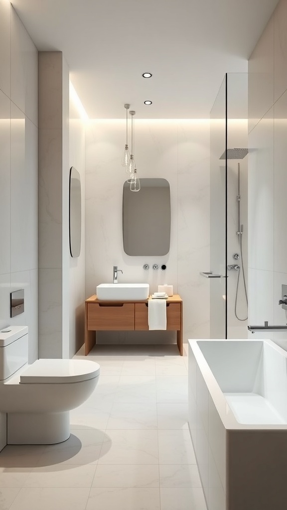 A modern minimalist bathroom featuring a sleek design with a floating vanity, walk-in shower, and freestanding bathtub.