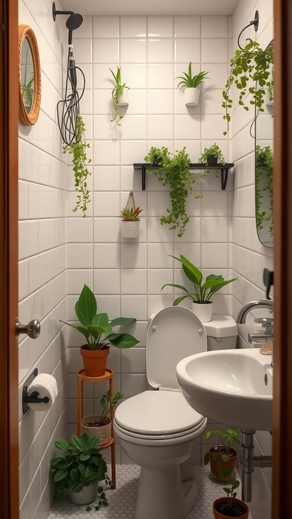 A small bathroom with various green plants, including hanging planters and potted plants on shelves.