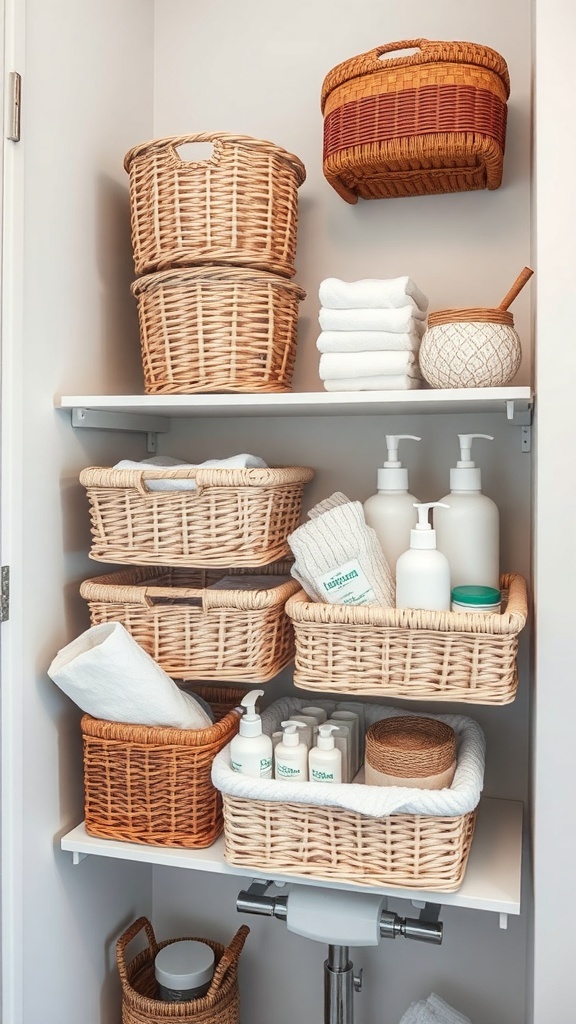A bathroom shelf with various woven baskets organized neatly, containing towels and toiletries.