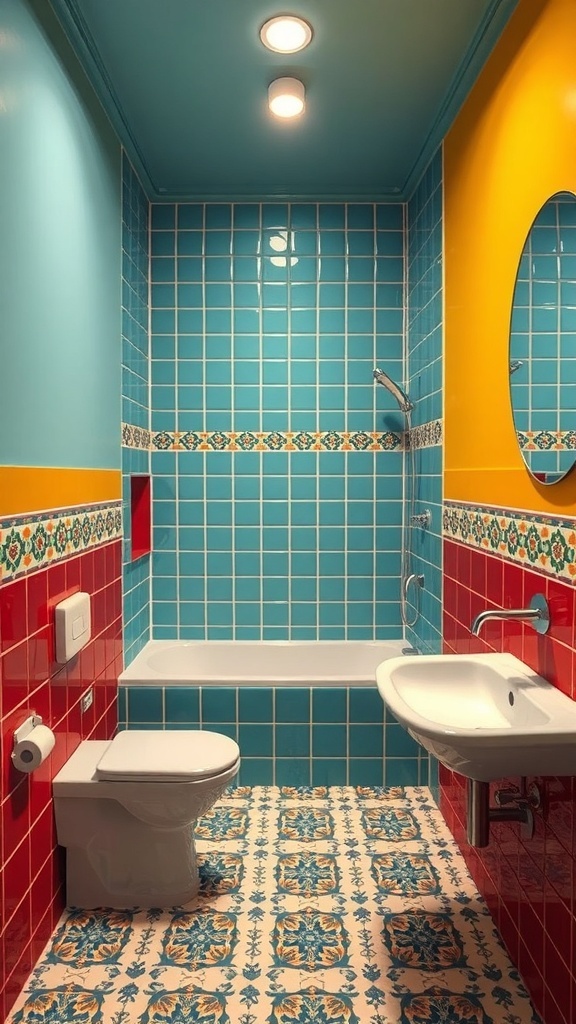 A colorful bathroom featuring turquoise, red, and yellow tiles with a patterned floor.
