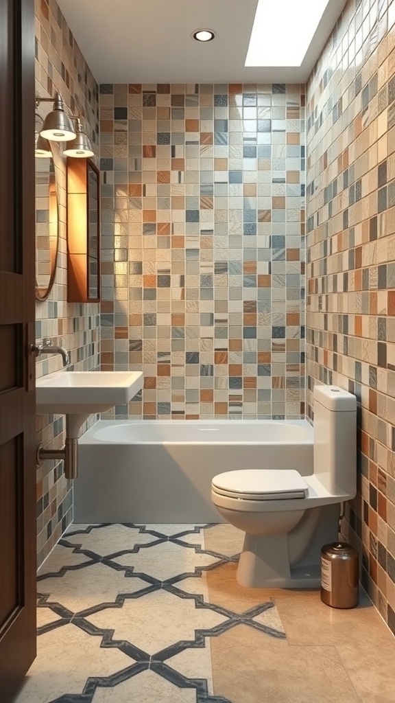 Modern small bathroom with trendy tile designs in earthy tones.