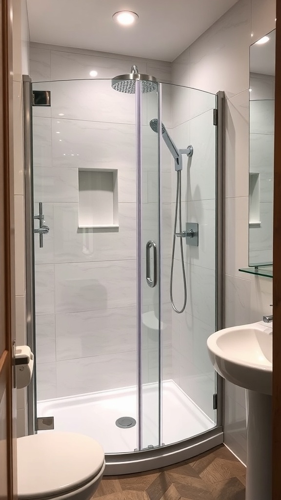 A compact shower design featuring a glass enclosure and modern fixtures in a small bathroom.