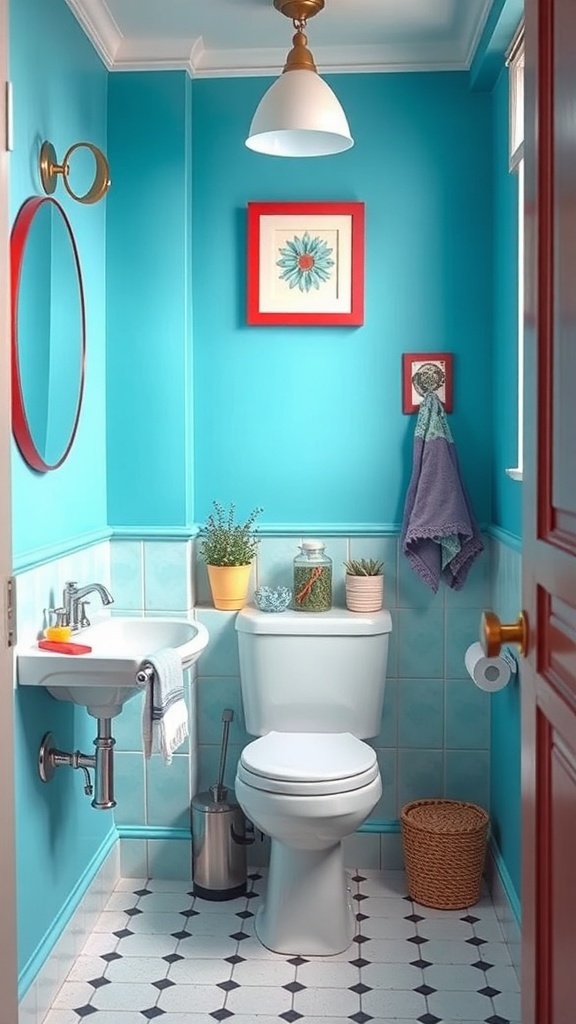 A small bathroom with turquoise walls, a white toilet, and colorful decor