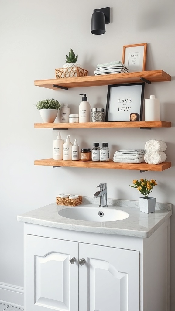 Open shelving vanity with wooden shelves displaying toiletries and decorative items