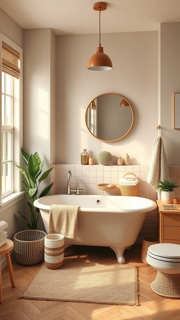Cozy bathroom with freestanding tub, natural decor, and warm lighting