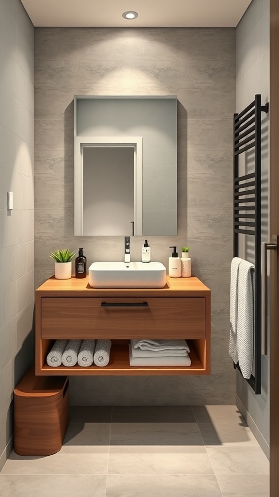 A modern floating vanity in a small bathroom with a wooden finish, a sink, and neatly arranged towels.