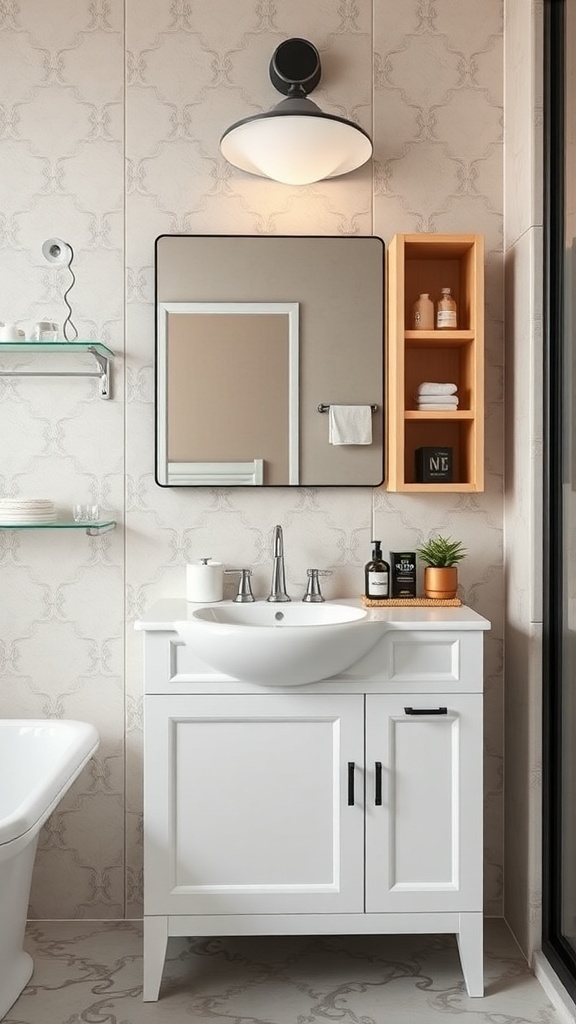 Compact bathroom vanity with a round sink, black hardware, and a potted plant.