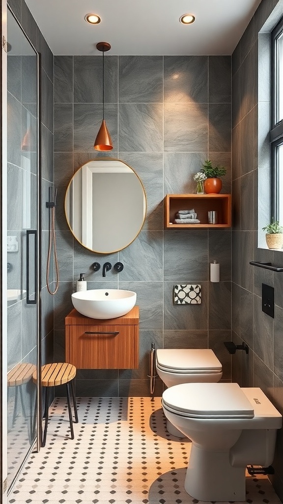 A modern small bathroom featuring gray tiles, wooden accents, a round mirror, and stylish lighting.