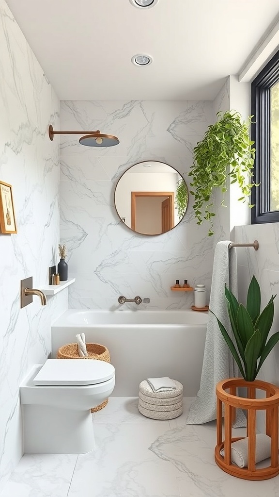 A small bathroom featuring sustainable materials, plants, and eco-friendly fixtures.