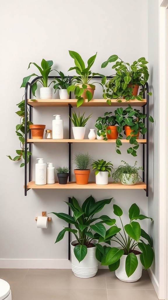 A corner shelf in a bathroom filled with plants and toiletries.