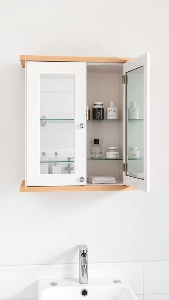 A wall-mounted bathroom cabinet with glass doors, displaying neatly arranged toiletries and towels.