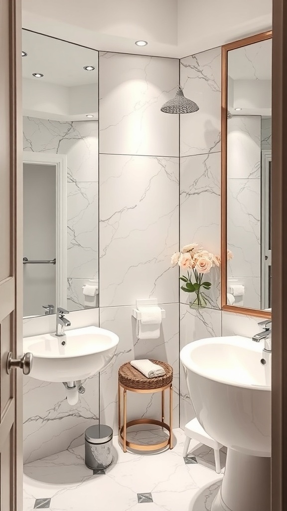 A small bathroom featuring mirrored walls, marble tiles, and modern fixtures.