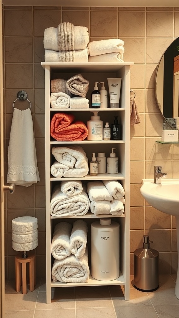 Tall shelving unit in a small bathroom displaying neatly arranged towels and toiletries.