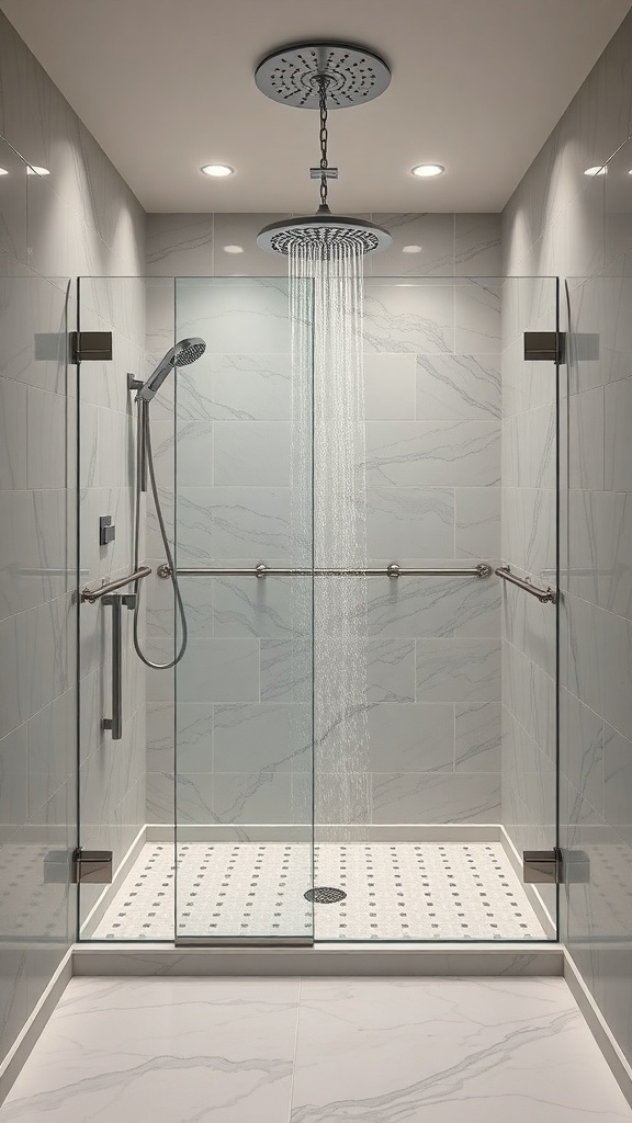A luxurious walk-in shower featuring glass walls, a rainfall showerhead, and elegant tile work.