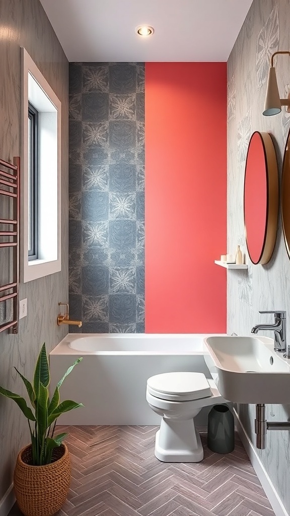 A modern tiny bathroom featuring a bold red accent wall, intricate blue wallpaper, and stylish fixtures.