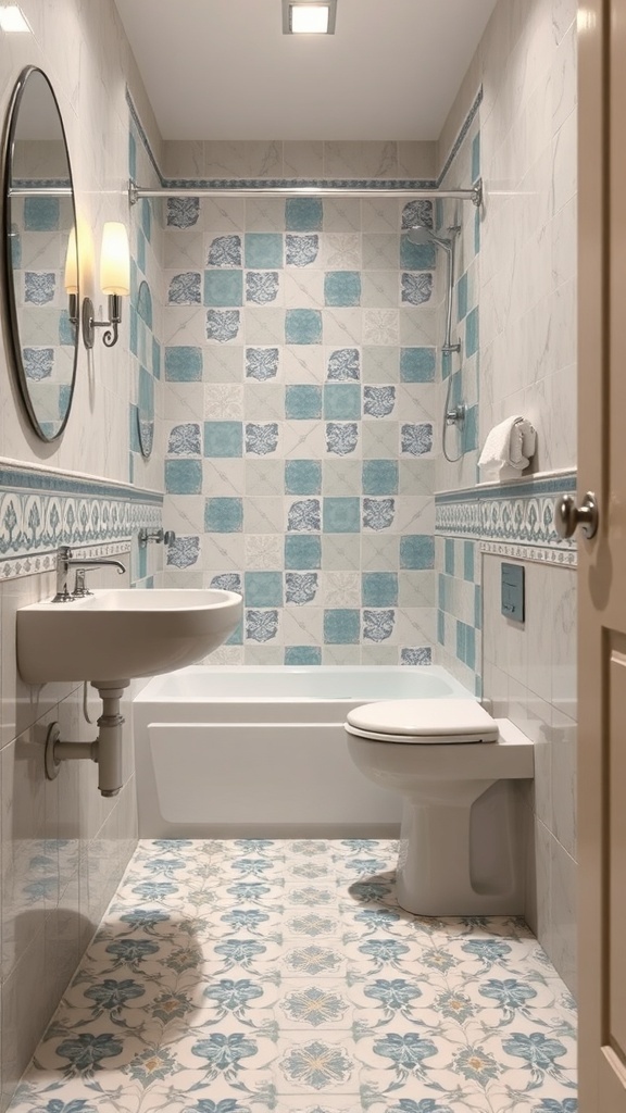 A small bathroom featuring a creative use of blue and white tiles on the walls and floor.