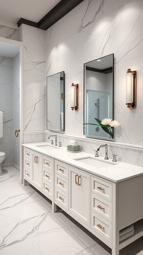 Luxury double sink vanity with white cabinetry and marble countertop