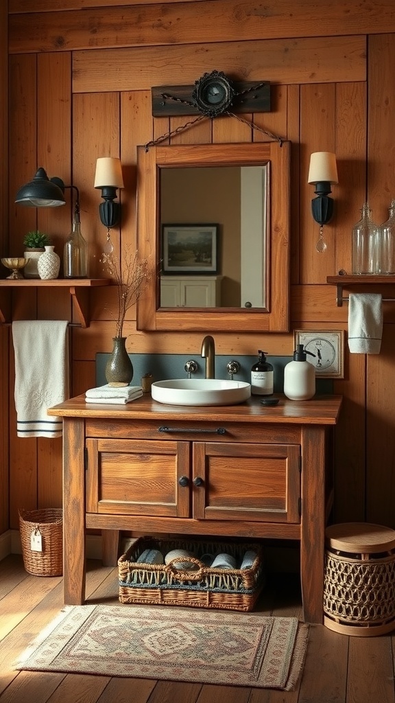 A rustic farmhouse style bathroom vanity made of wood, featuring a round sink, wall sconces, and decorative elements.