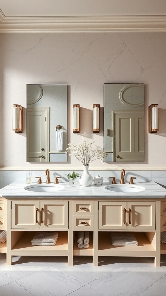 A stylish bathroom featuring a double vanity with a marble countertop and warm metallic fixtures.