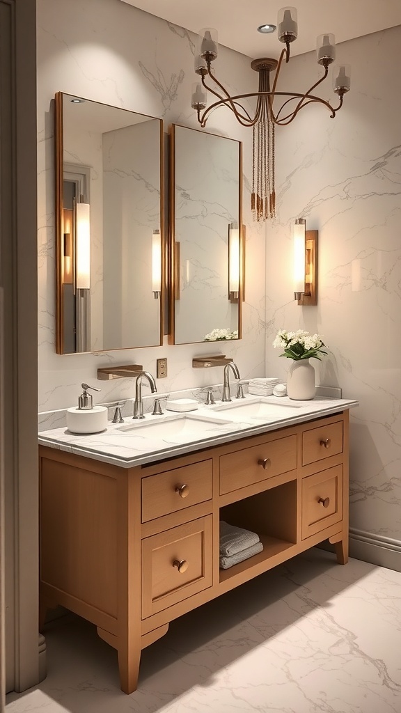 A stylish bathroom vanity with a marble countertop, double sinks, and elegant lighting.