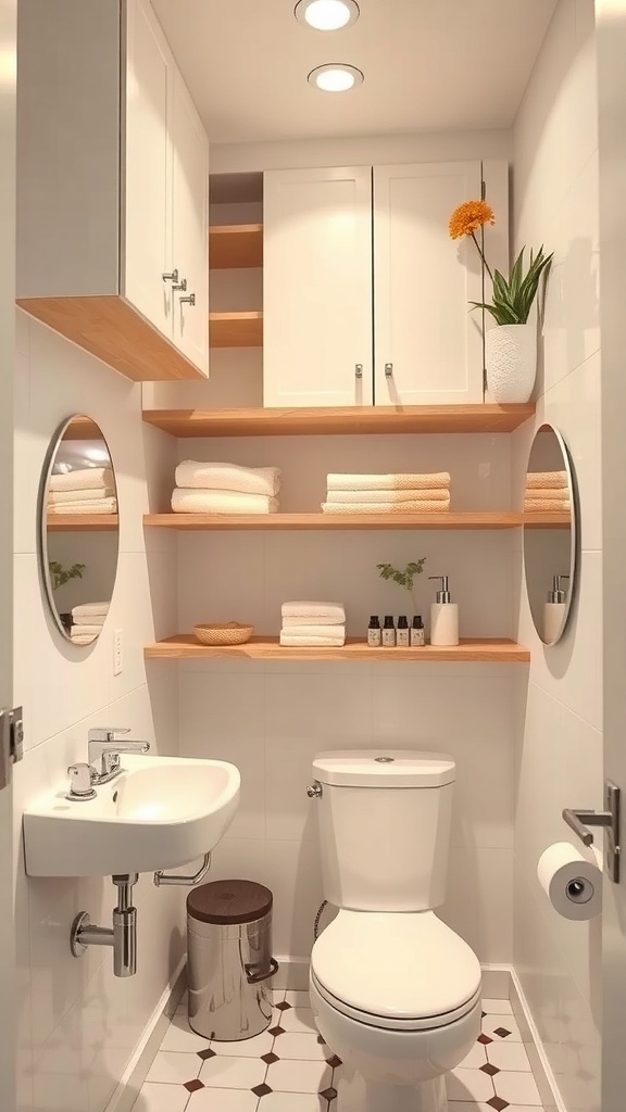 A small, modern bathroom with vertical storage solutions including shelves and cabinets.