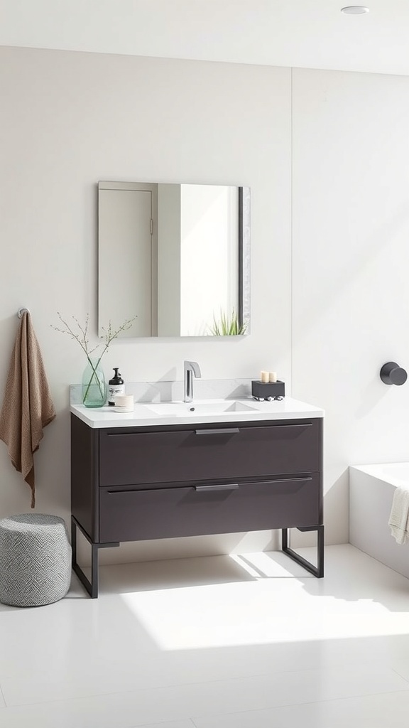 Modern minimalist bathroom vanity with dark finish and bright countertop