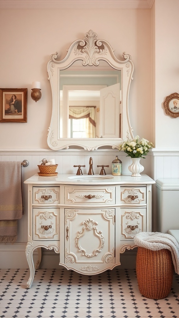 A vintage bathroom vanity with ornate details, a large mirror, and soft lighting.